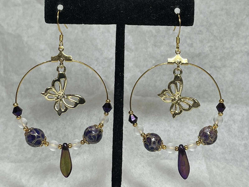 Gold butterfly hoop earring with purple and gold cloisonné round beads and  gold bead caps, matte crystal quartz, Australian crystals, purple iris