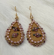 Load image into Gallery viewer, Teardrop shaped earrings with 2.5 mm tourmaline stone flowers and edging, size 11 24k gold seed bead centers and edging, 24k gold plated light rose crystal marquise chain. On moose skin w/light shiny pink backing. 24k gold plated hooks.