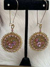 Load image into Gallery viewer, Satin silk pink and Charlotte cut fuchsia flowers w/ rose Swarovski crystals and light rose marquise chain, size 13 charlotte cut 24k gold beads and size 11 24k seed beads. On moose skin, backed with moose skin.